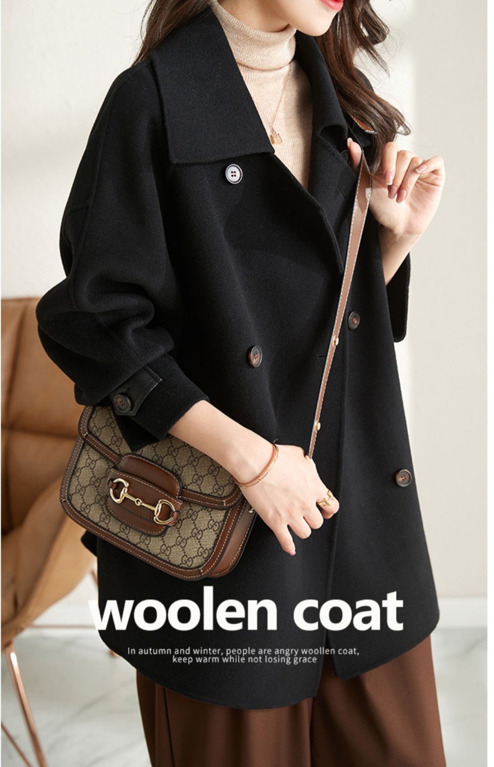 All-match woolen coat double-breasted coat for women