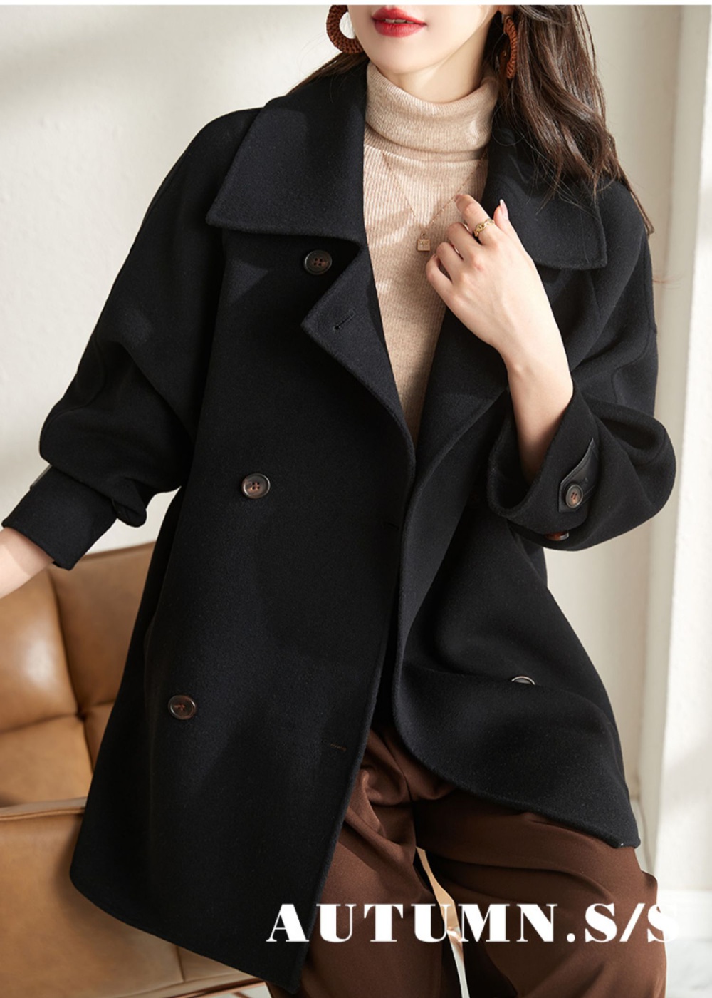 All-match woolen coat double-breasted coat for women