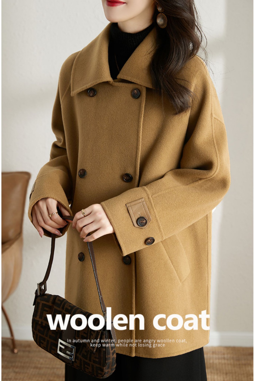 All-match woolen coat double-breasted coat for women