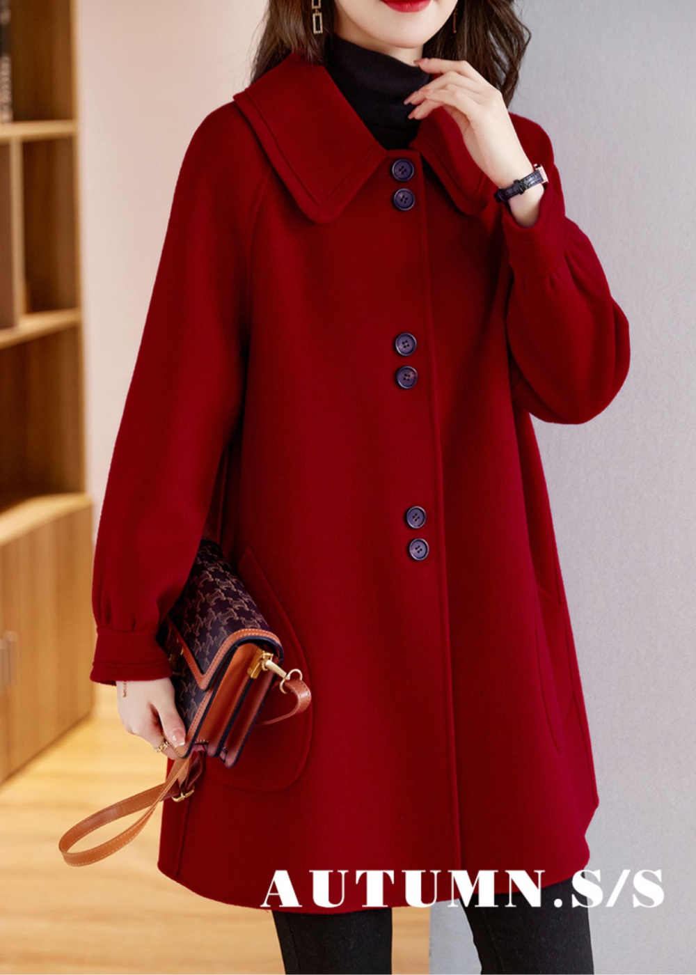 Red slim woolen coat autumn and winter coat for women