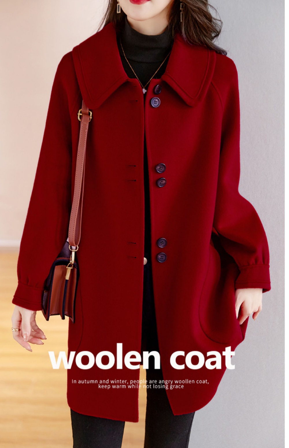 Red slim woolen coat autumn and winter coat for women