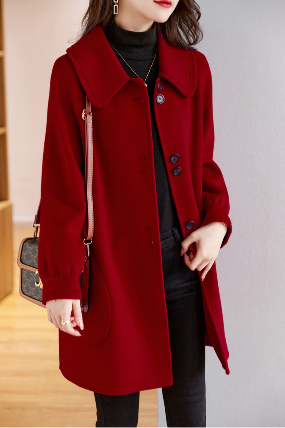 Red slim woolen coat autumn and winter coat for women