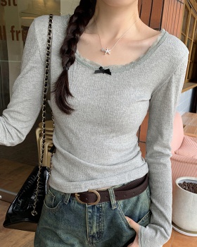 Low collar autumn and winter long sleeve tops bow slim T-shirt