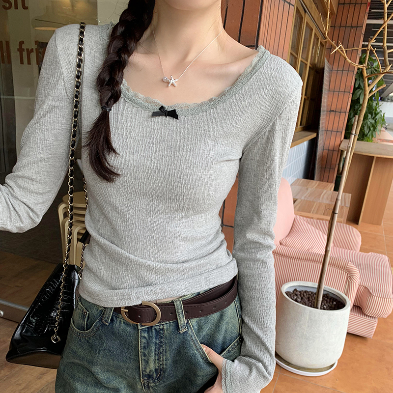 Low collar autumn and winter long sleeve tops bow slim T-shirt