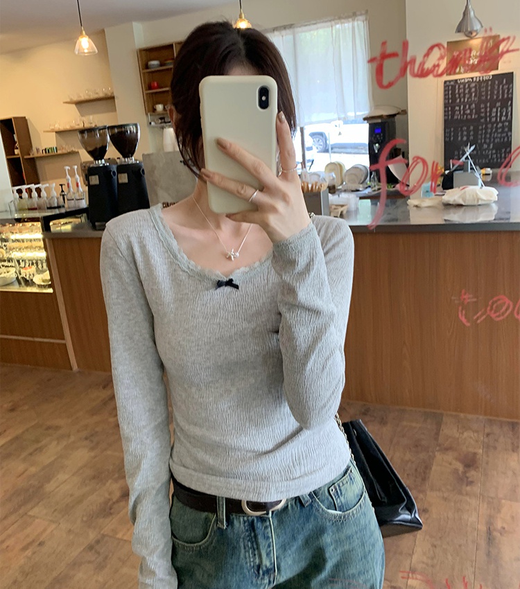 Low collar autumn and winter long sleeve tops bow slim T-shirt