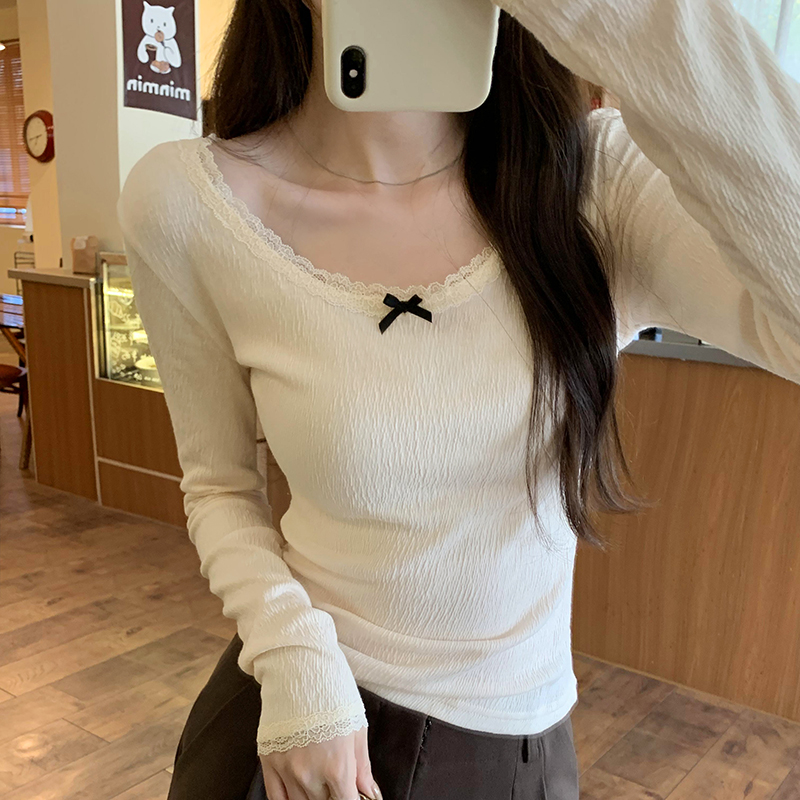 Low collar autumn and winter long sleeve tops bow slim T-shirt