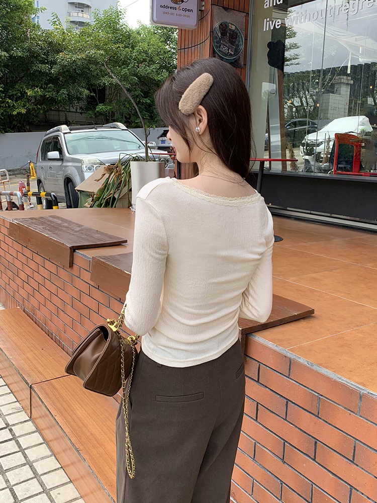 Low collar autumn and winter long sleeve tops bow slim T-shirt