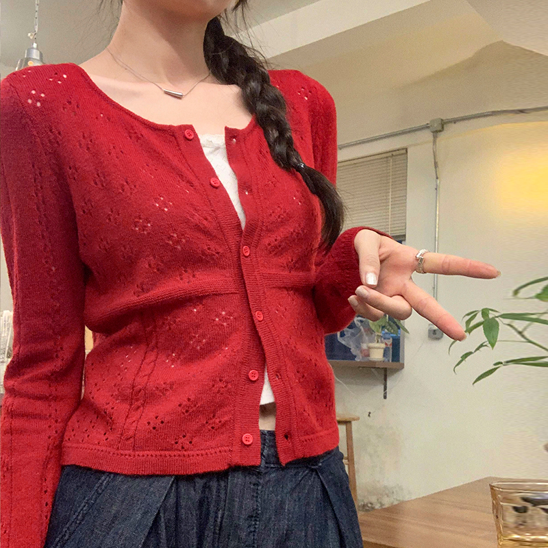 Red short cardigan autumn tops for women