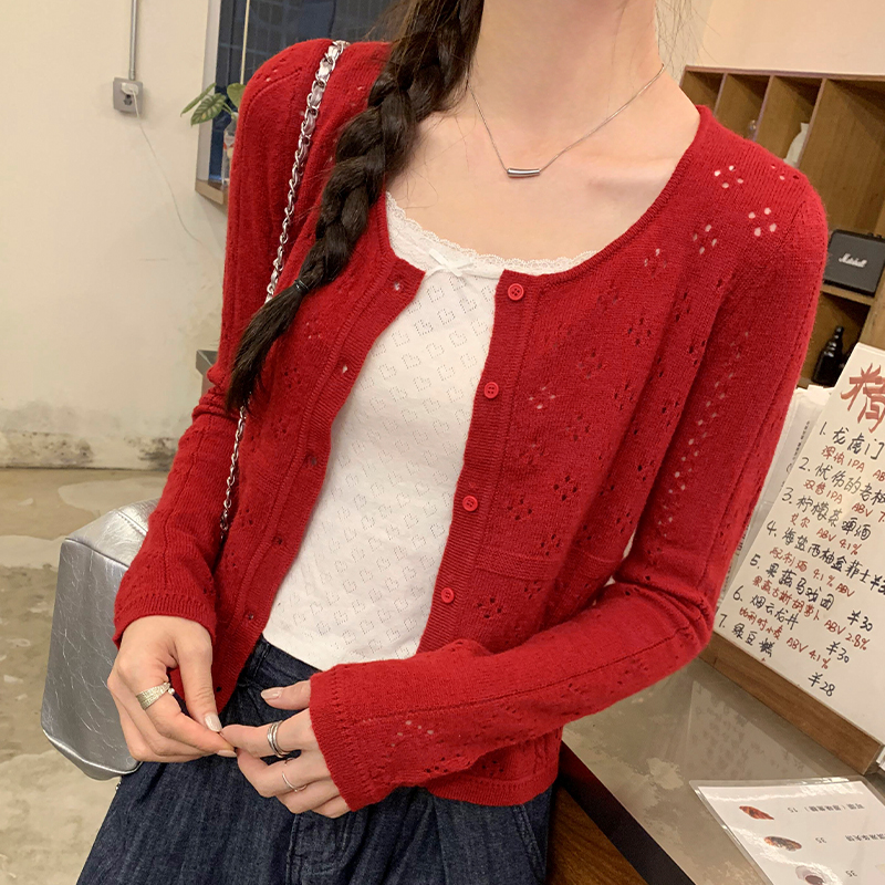 Red short cardigan autumn tops for women