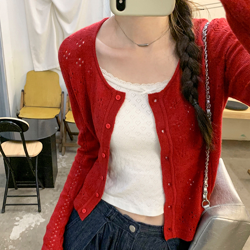 Red short cardigan autumn tops for women