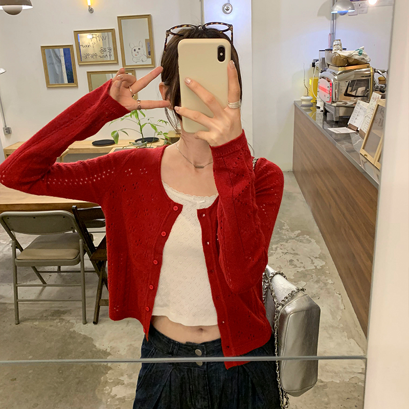 Red short cardigan autumn tops for women