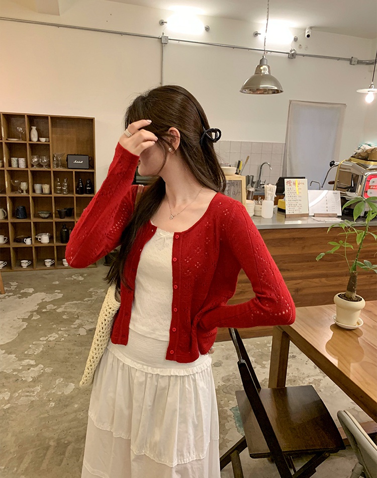 Red short cardigan autumn tops for women