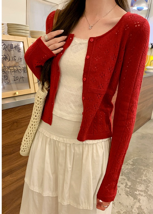 Red short cardigan autumn tops for women