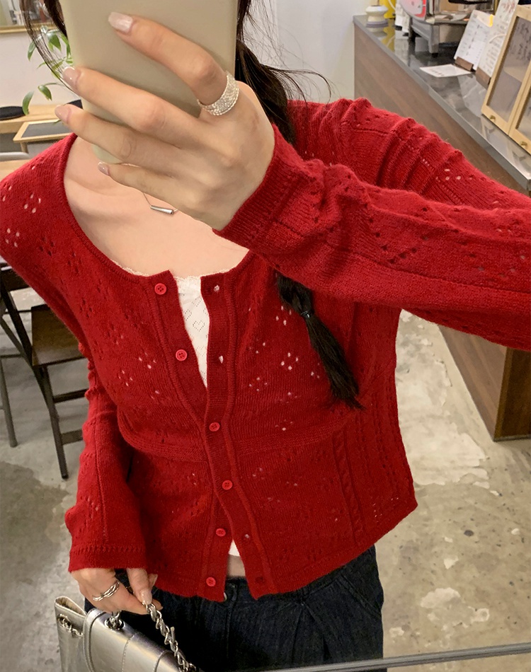 Red short cardigan autumn tops for women