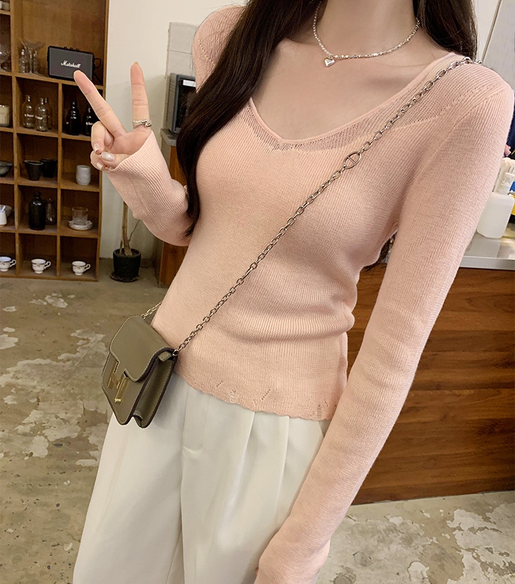 Thin bottoming chanelstyle sweater lace V-neck tops for women