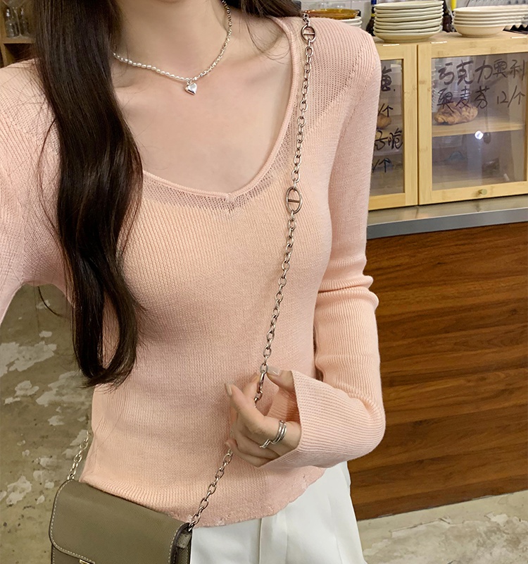 Thin bottoming chanelstyle sweater lace V-neck tops for women