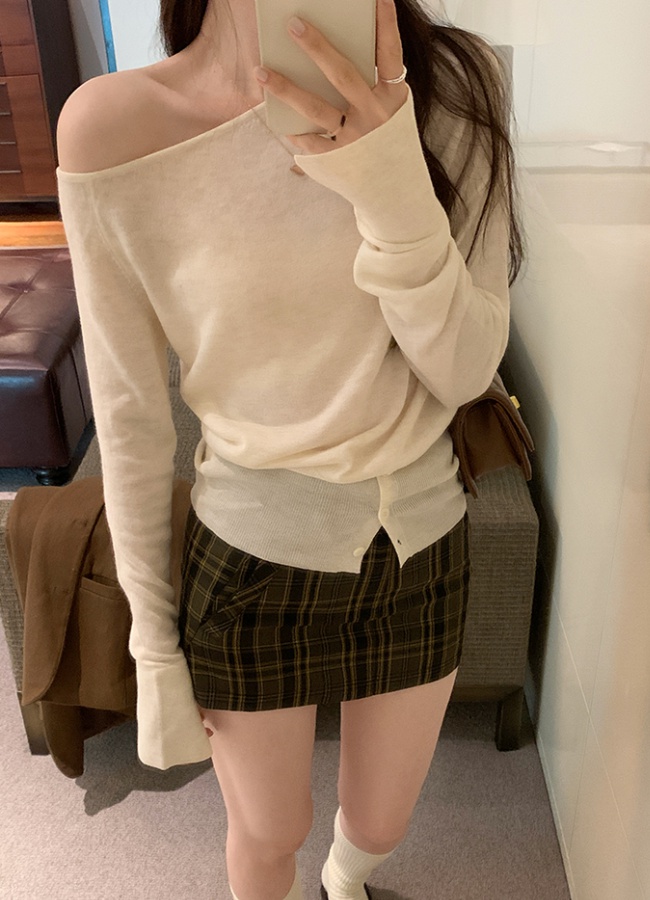 Wool autumn sweater sloping shoulder tops for women