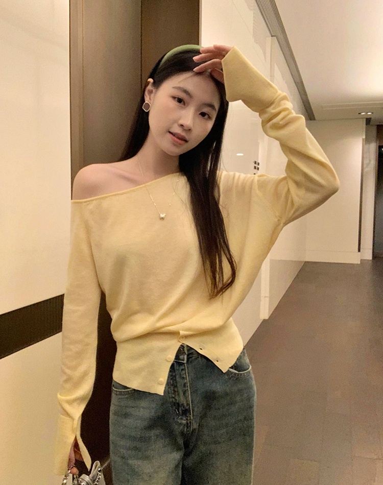 Wool autumn sweater sloping shoulder tops for women