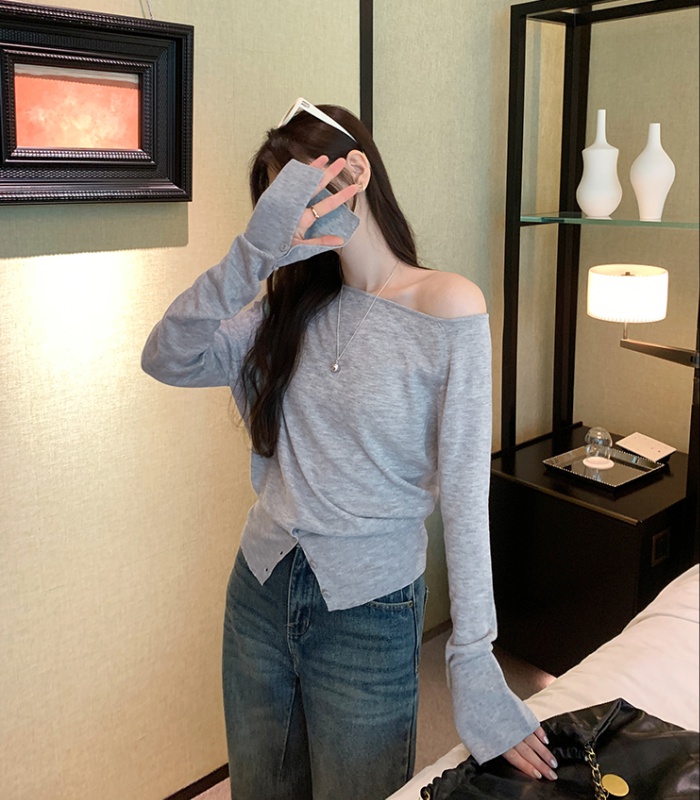 Wool autumn sweater sloping shoulder tops for women