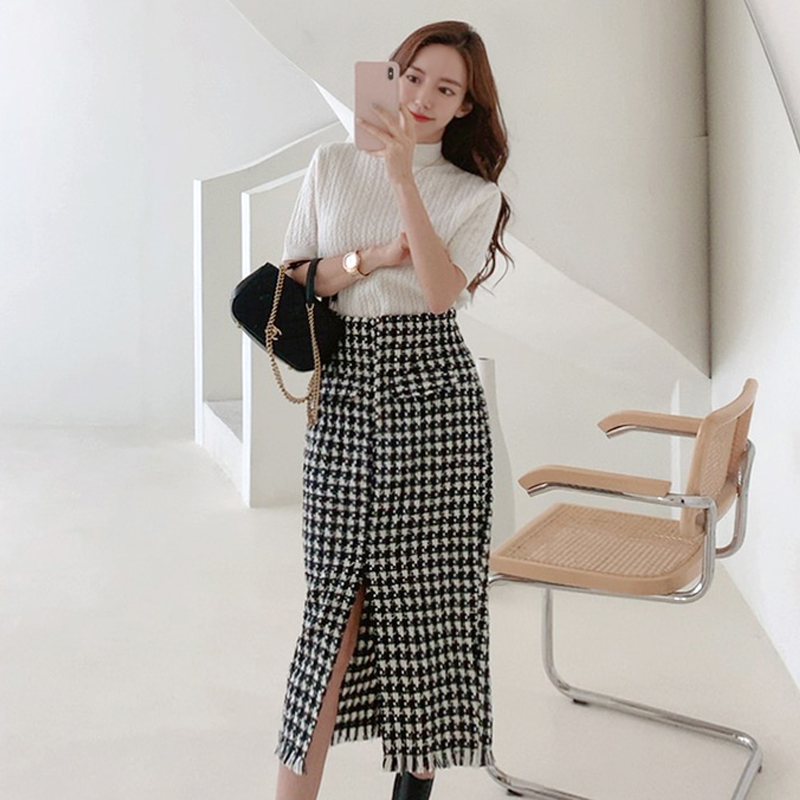 Half high collar slim skirt knitted Korean style tops 2pcs set