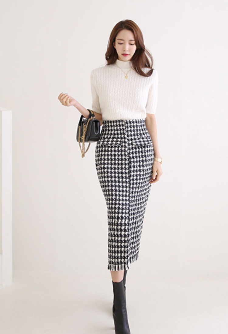 Half high collar slim skirt knitted Korean style tops 2pcs set