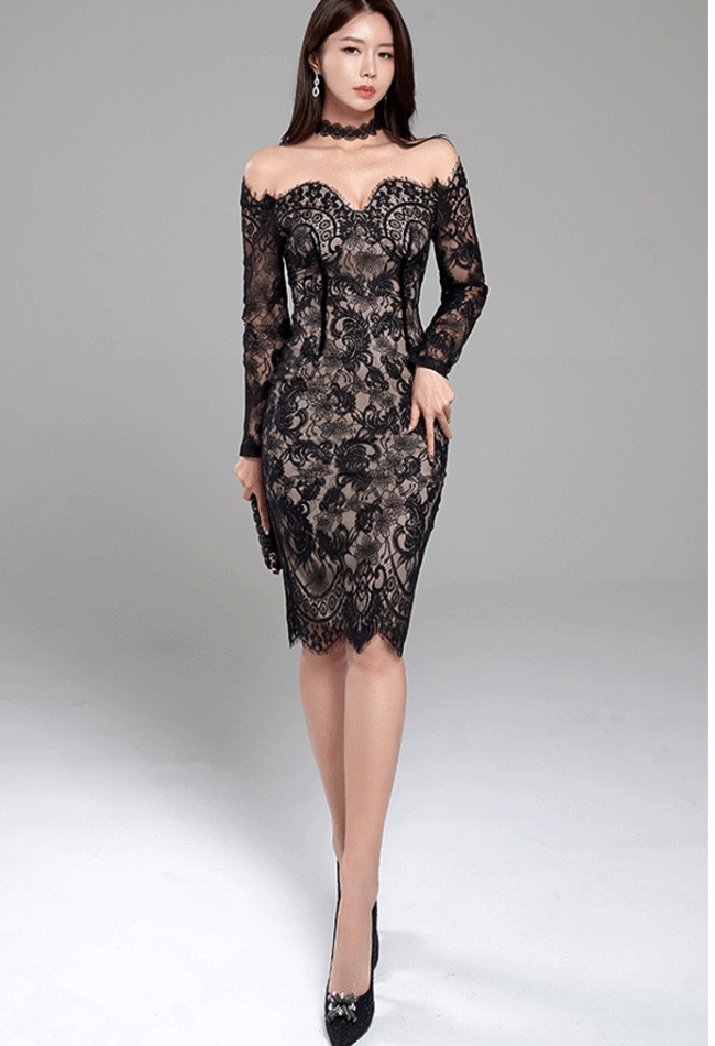 Wrapped chest slim strapless sexy package hip lace dress