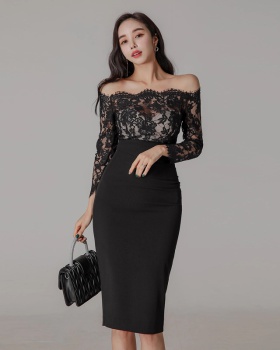 Lace splice formal dress Hepburn style long dress for women