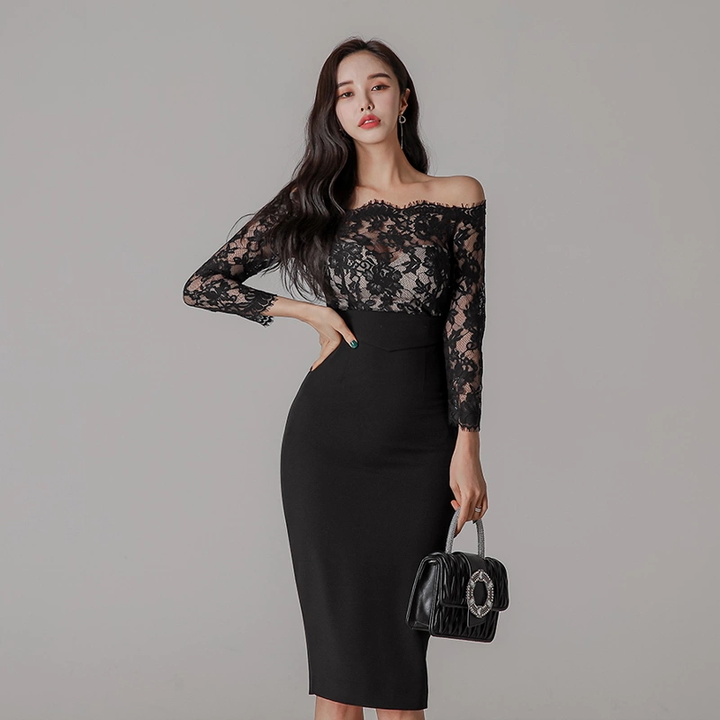 Lace splice formal dress Hepburn style long dress for women