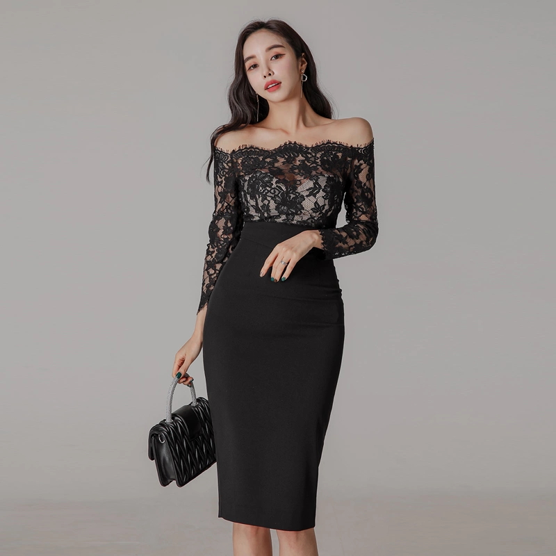 Lace splice formal dress Hepburn style long dress for women