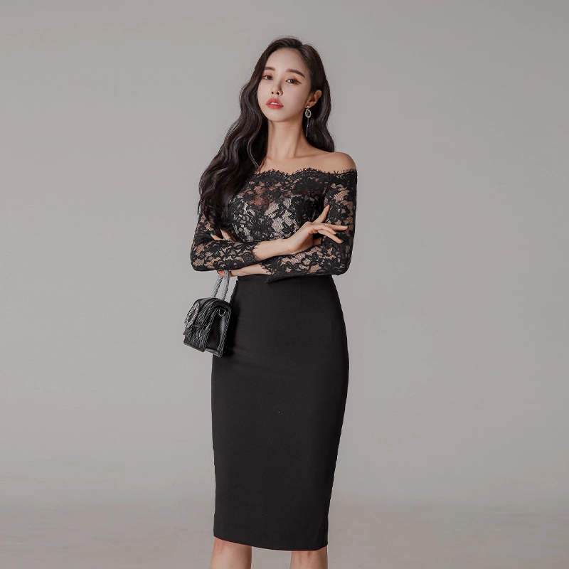 Lace splice formal dress Hepburn style long dress for women