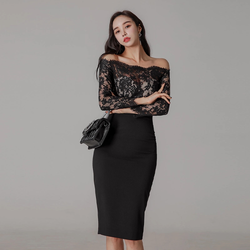 Lace splice formal dress Hepburn style long dress for women