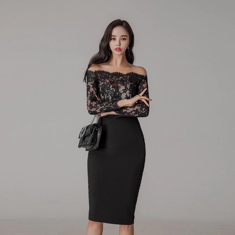 Lace splice formal dress Hepburn style long dress for women