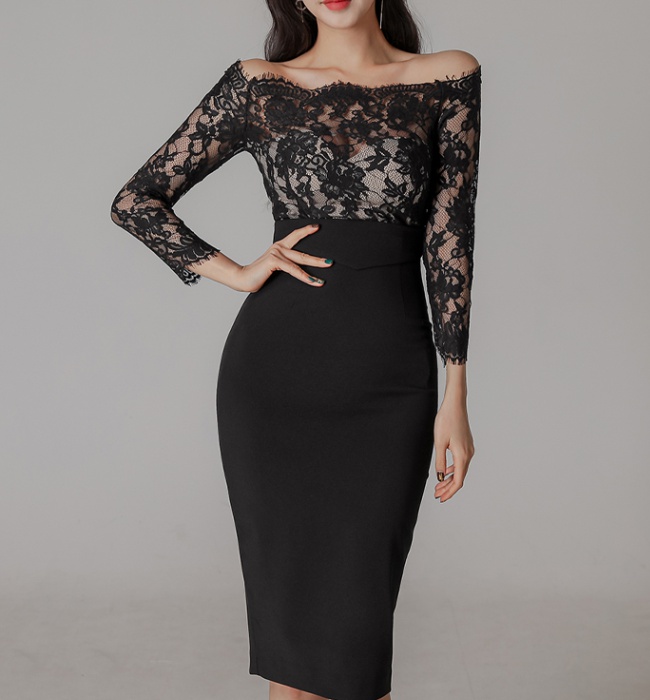 Lace splice formal dress Hepburn style long dress for women