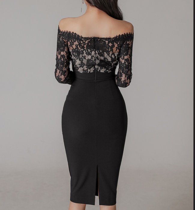 Lace splice formal dress Hepburn style long dress for women