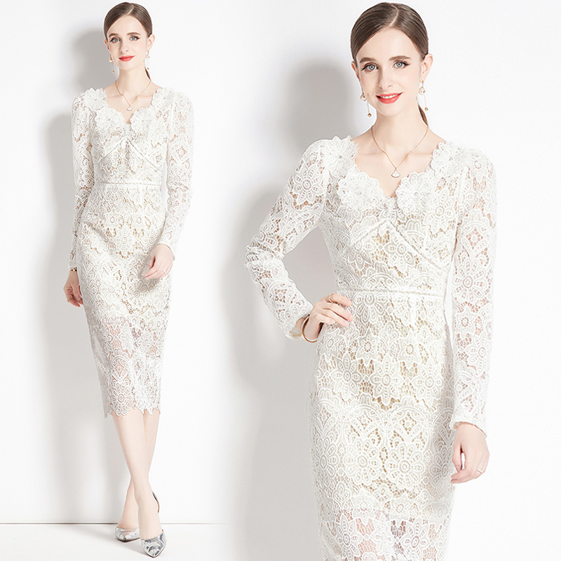 Long temperament lace V-neck slim dress