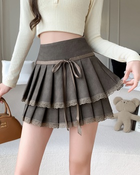 Pleated lace short skirt all-match leather skirt for women