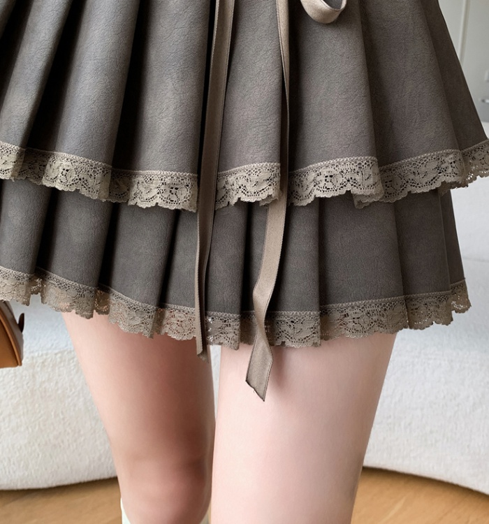 Pleated lace short skirt all-match leather skirt for women