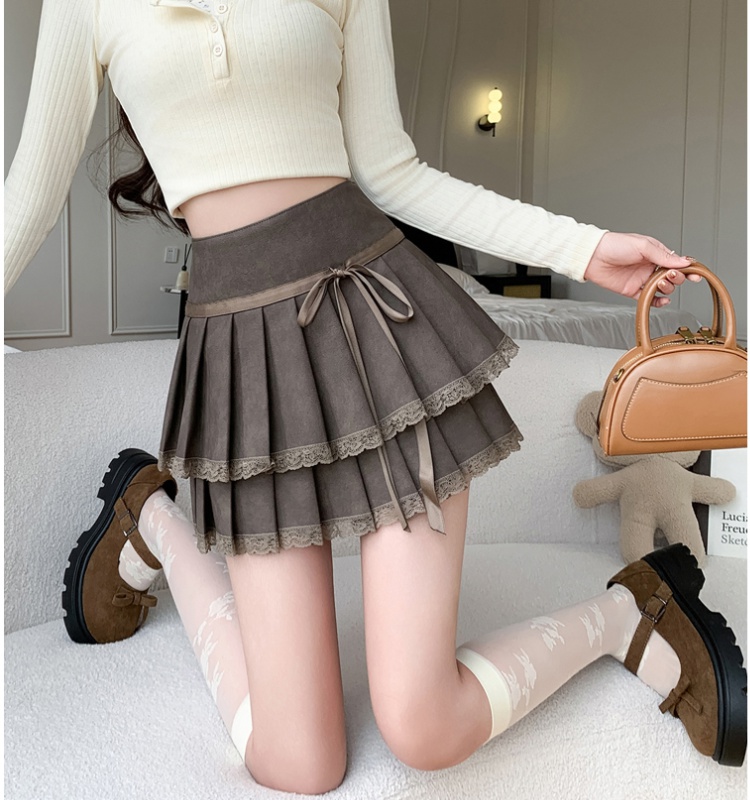 Pleated lace short skirt all-match leather skirt for women