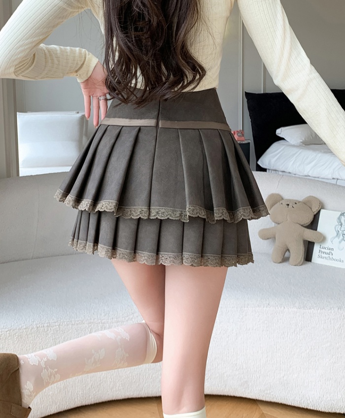 Pleated lace short skirt all-match leather skirt for women