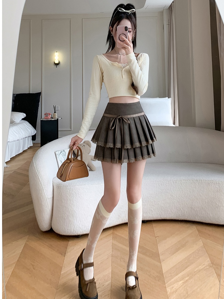 Pleated lace short skirt all-match leather skirt for women