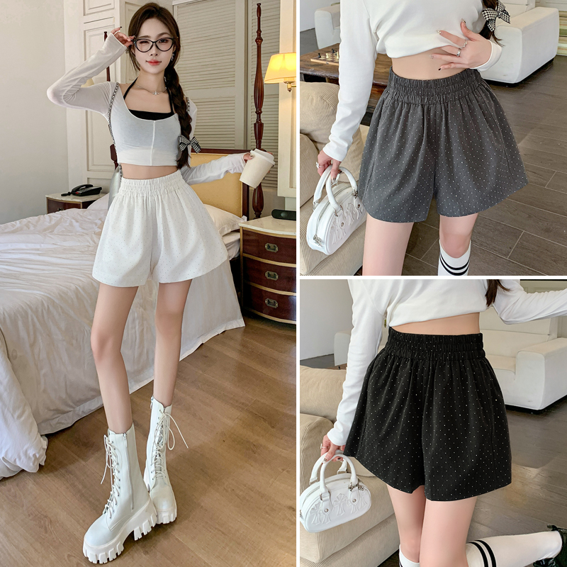 Slim rhinestone wide leg pants high waist all-match shorts