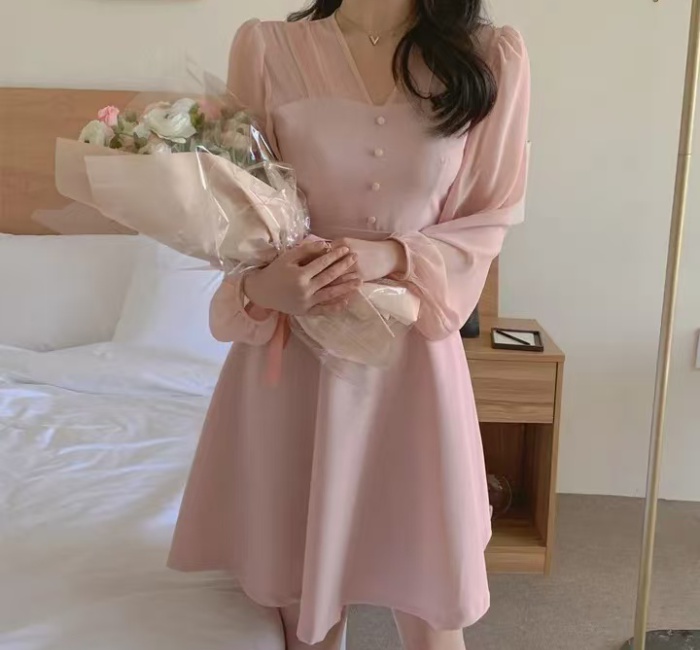 Korean style elegant France style splice gauze V-neck dress