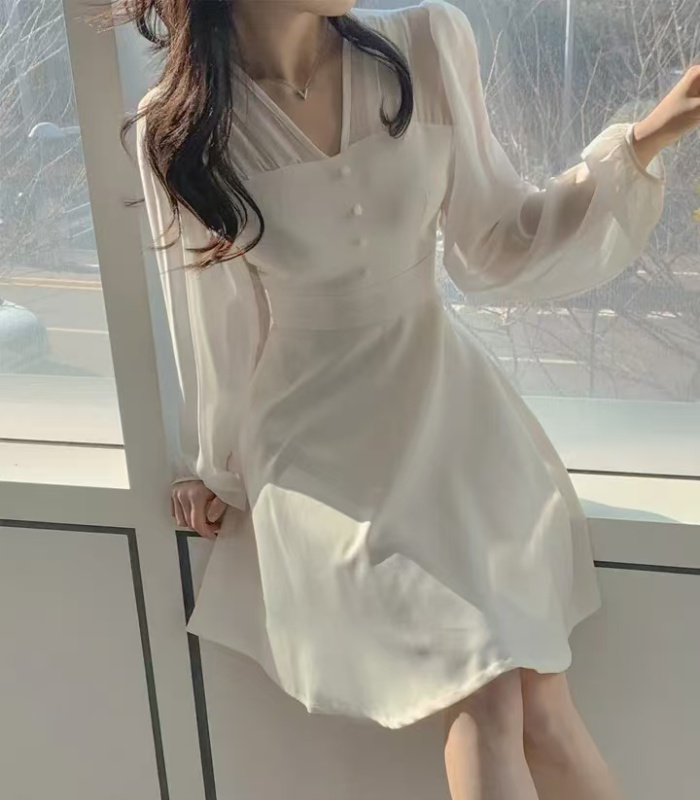 Korean style elegant France style splice gauze V-neck dress