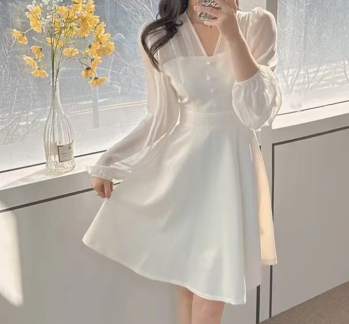 Korean style elegant France style splice gauze V-neck dress