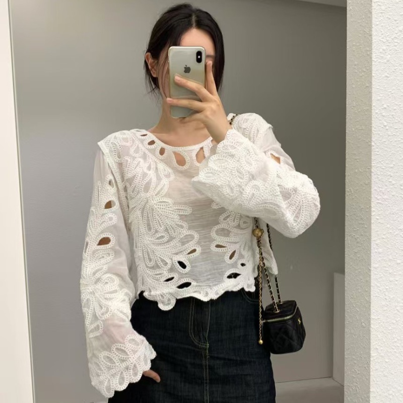 Embroidery hollow temperament retro crochet lace shirt