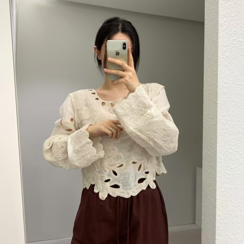 Embroidery hollow temperament retro crochet lace shirt