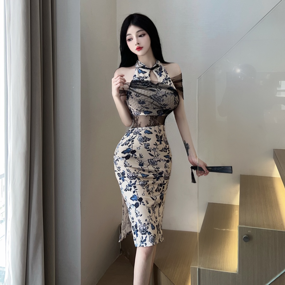 Split slim dress printing cheongsam for women