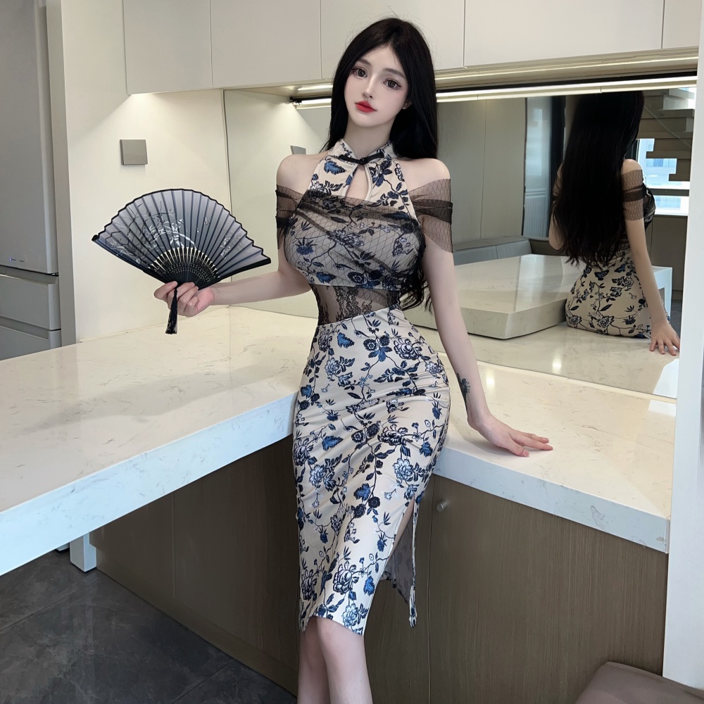 Split slim dress printing cheongsam for women