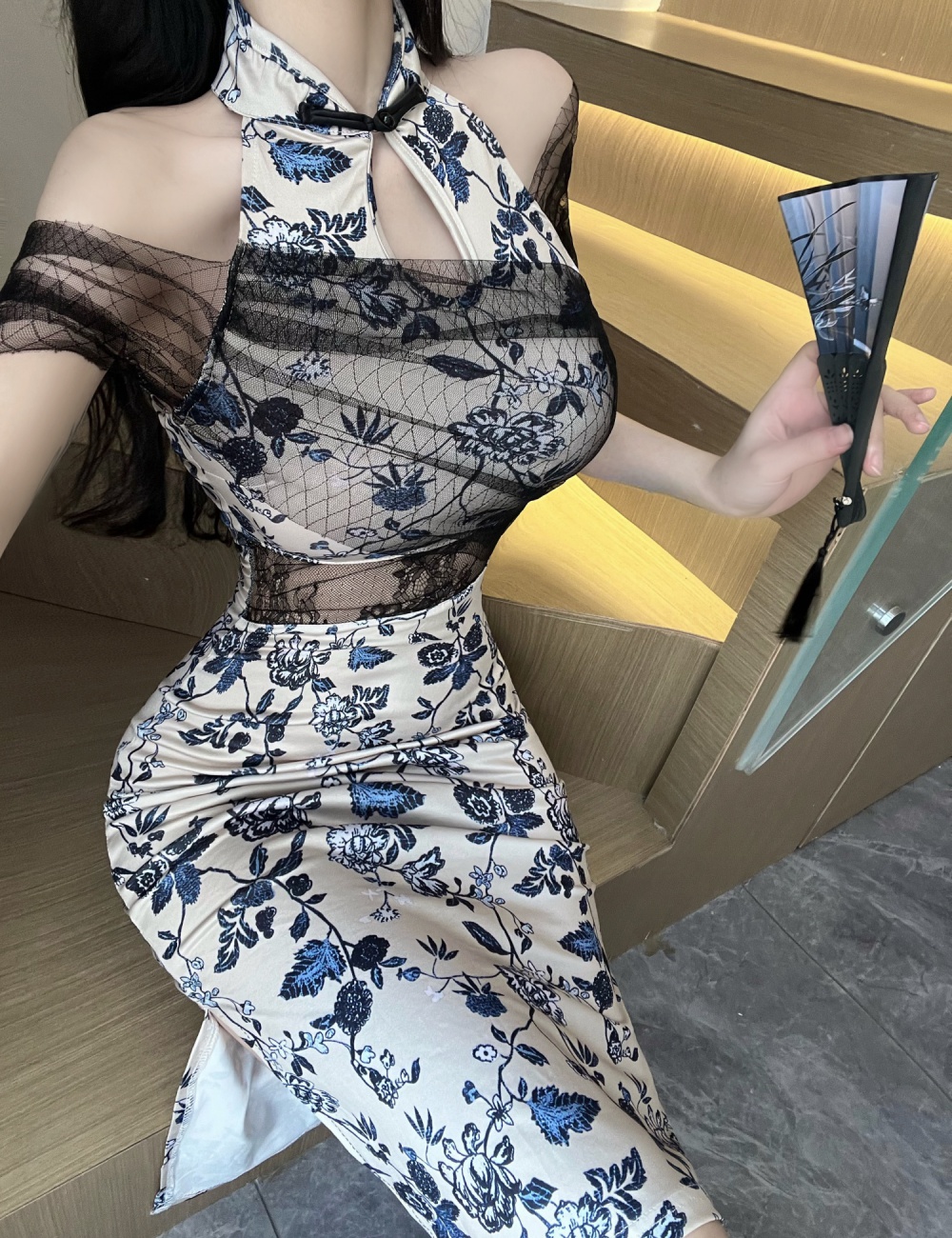 Split slim dress printing cheongsam for women