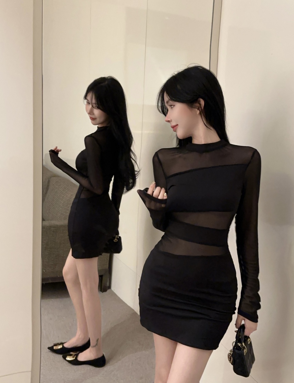 Tight sexy spicegirl perspective splice elasticity black dress